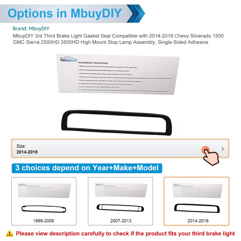 MbuyDIY جوان مطاطي لمصباح الفرامل الثالث MbuyDIY متوافق مع شيفروليه سيلفرادو 1500 2500 3500 1999-2006 و GMC سييرا 1500HD 2500HD 3500HD، تجميع مصباح التوقف المرتفع، لاصق من جانب واحد - Image 2